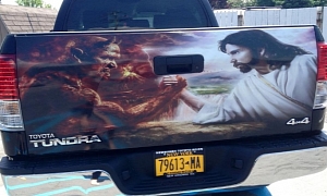 Jesus Arm-Wrestling Satan on Toyota Tundra’s Tailgate