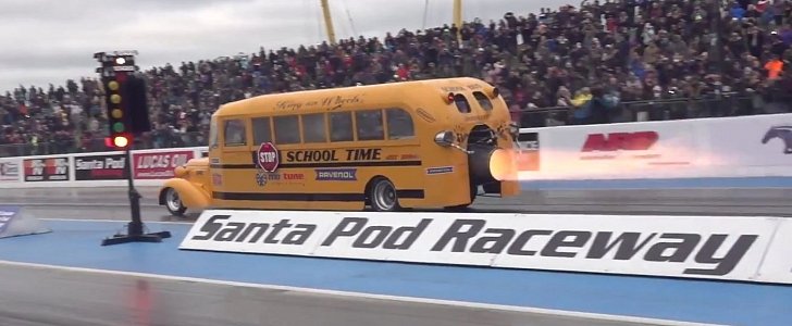 Jet-Powered School Bus Races Down Santa Pod, Makes a Lot of Heat