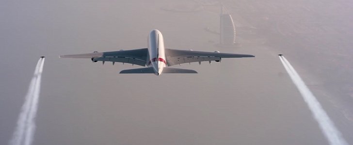 Jetman and His Protege Fly Wing-to-Wing with Airbus A380 above Dubai and Look Scary