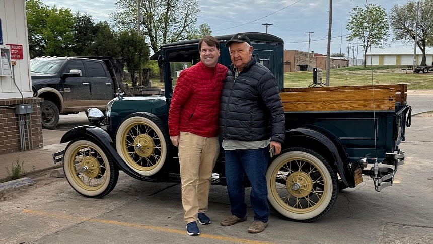 Jim Farley meets senior owner of a Ford Model A pickup truck