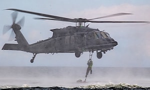 Jolly Green II Helicopter Disturbs Atlantic Ocean Peace as It Pulls a Human Out