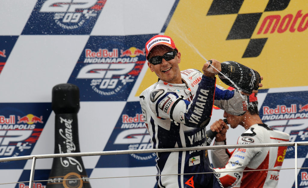 Jorge Lorenzo celebrating Indy win