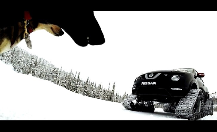 Juke Nismo RS with Snow Tracks Races Husky Dogs in Lapland