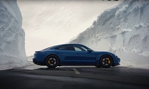 Jumping Over a Porsche Taycan Parked Between Snow Walls Is Not a Job for Everyone