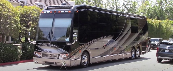 Justin Bieber's custom Prevost Marathon Coach RV that he's been using for a year to travel across the U.S.