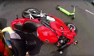 Kamikaze Electric Scooter Boy Crashes Silly Into Sportsbike Rider