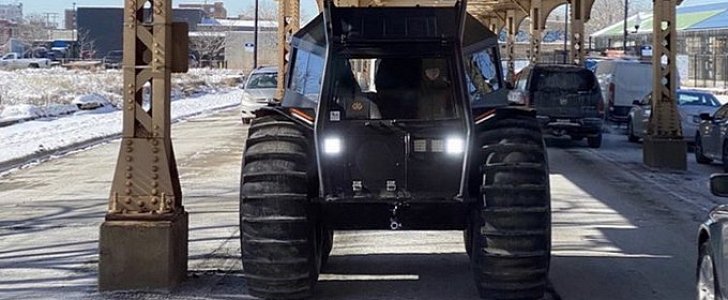 Kanye West rolls into Chicago in a fleet of Sherp ATVs