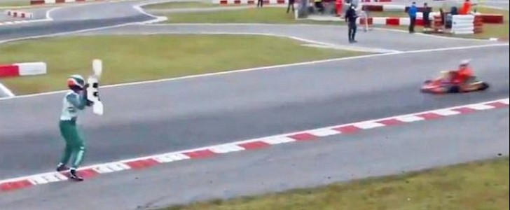 Luca Corberi throws bumper off his kart into rival at the FIA World Karting Championship