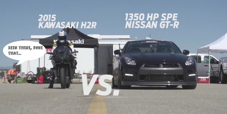 Kawasaki Ninja H2R Drag Races 1,350 HP Nissan GT-R