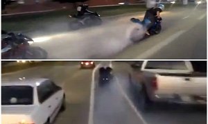 Kawasaki Rider Does Rolling Burnout in Full Traffic, Splits Lanes, Blows Tire