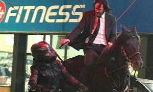 Keanu Reeves Chases a Motorcycle on a Horse on “John Wick 3: Parabellum” Set