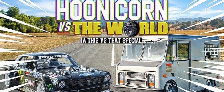 Ken Block's 1400 HP Hoonicorn Mustang Plays Drag Racing Games With 400 HP Box Van