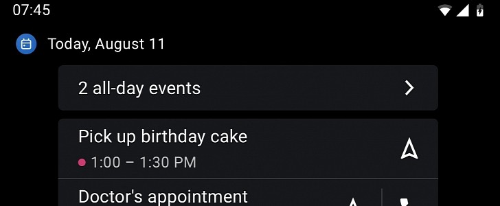 The Calendar app on Android Auto