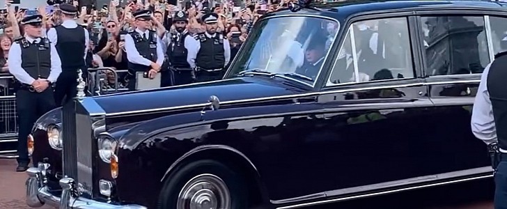 King Charles III and Queen Consort Camilla Arriving in Rolls-Royce Phantom VI