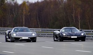 Koenigsegg Agera R Drag Races 918 Spyder to 200 MPH on Papenburg High-Speed Oval