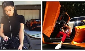 Kylie Jenner Sits on Ferrari 488 Spider With Aventador SV Behind