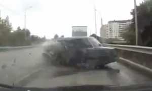 Lada Gets Destroyed in an Instant on Russian Highway