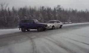 Lada Niva Driver Tries Crossing Snowy Highway Without Looking