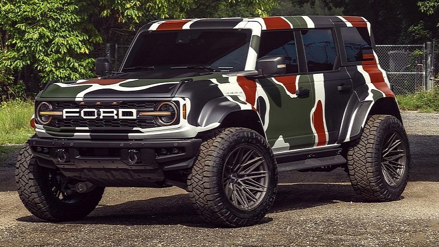 Ford Bronco Raptor camouflage wrap on Vossen 22s