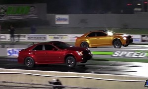 Lady's Caddy CTS-V Drags CTS-V Family and Camaro ZL1, Also Catches Some Big Air