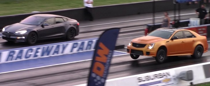 Built 1,200 HP Cadillac CTS-V drags Challenger Hellcat and Model S Plaid on DRACS