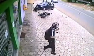 Lady with Poor Driver Skills Crashes into Motorcycle