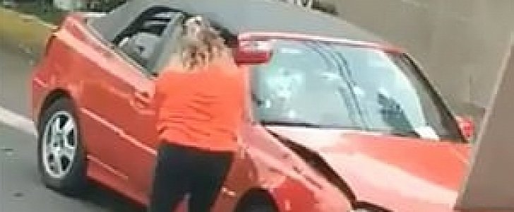 Woman destroys Volkswagen with metal pole, her own car in insane road rage attack