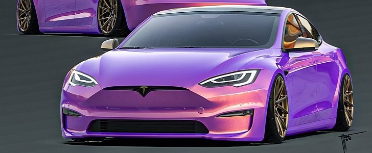 Laid Out Tesla Model S Plaid Metallic Purple rendering by musartwork