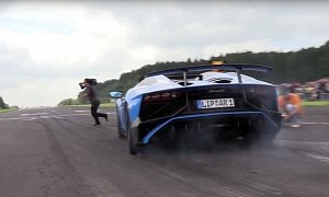 Lambo Aventador Almost Runs Over Cameraman on the Drag Strip