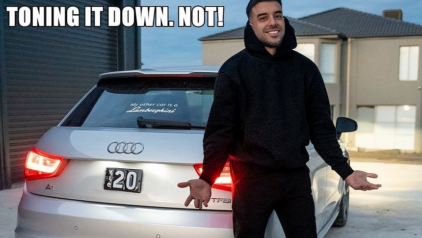 "Lambo Guy" Adrian Portelli shows off his humble Audi A1, wearing the world's most expensive two-digit license plate