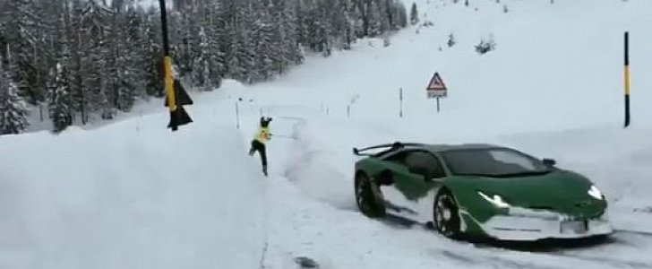 Lamborghini Aventador SVJ Pulls a Skier