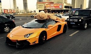 Lamborghini Aventador Wearing a Teddy Bear on Its Roof Stops Traffic in China