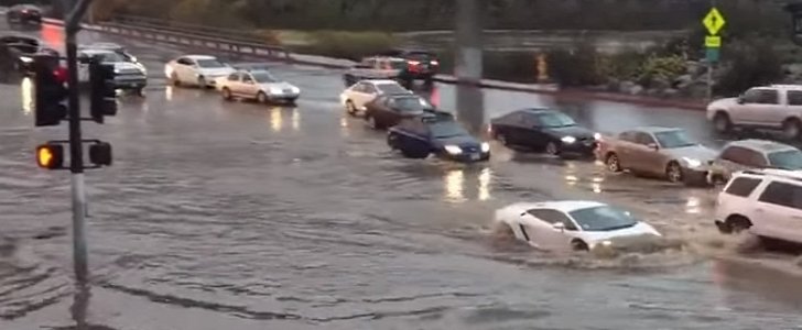 Lamborghini Drives through San Diego Flood