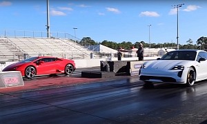 Lamborghini Huracan EVO Drag Races Porsche Taycan Turbo S on Sticky Track