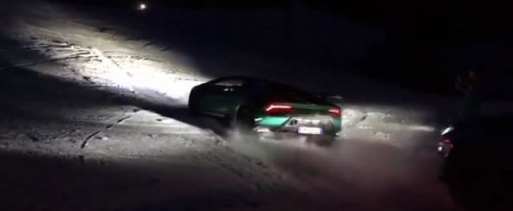 Lamborghini Huracan Performante Spyder Climbing a Ski Slope