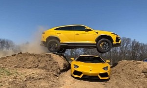 Lamborghini Urus Jumps Over Aventador, Nails Dirt Ramp Landing