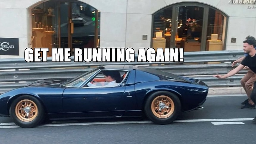 Lando Norris' Lamborghini Miura needs to be pushed to start in Monaco, and fans are happy to help