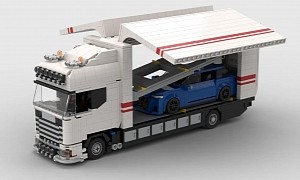 LEGO Scania Car Transporter Can Fit Two Vehicles, Has a Loading Ramp and Gullwing Doors