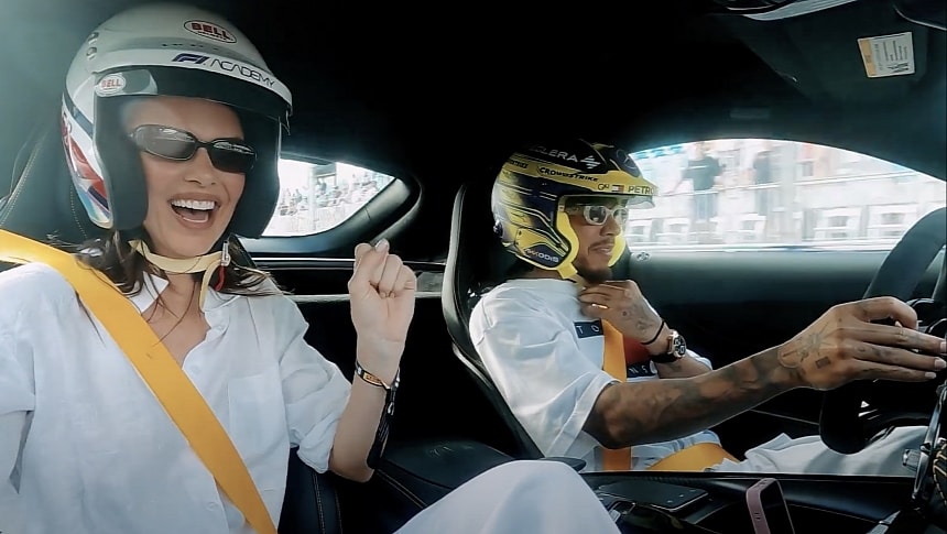 Kylie Jenner during a hot lap with Lewis Hamilton