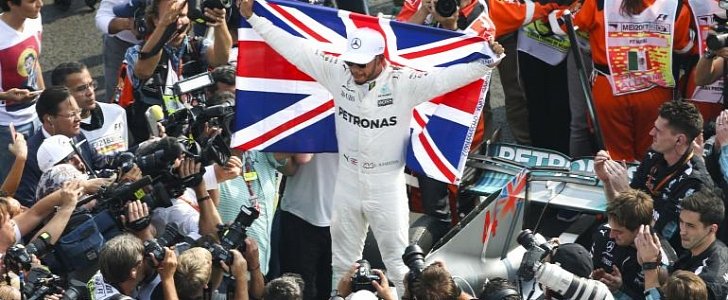 Lewis Hamilton celebrating 4th title