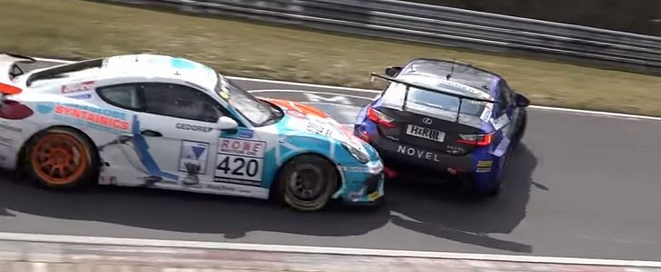 Lexus RC F and Porsche Cayman GT4 Kiss on Nurburgring