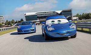 Life-Size Lightning McQueen Gets Ready to Meet Two Sally Carreras at Laguna Seca