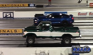 Lifted, Old-School Ford Truck Drags Mustang GT, Someone Was Sleeping at the Start Line