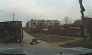 Light Truck Does Not Yield in Russia - Ends Up Toppling Over