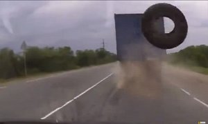 Lightning Reflexes Allow Driver to Expertly Dodge Flying Truck Tire