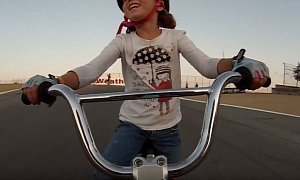 Little Girl Rides Bike Down Corkscrew at Laguna Seca, Joy Overcomes Her