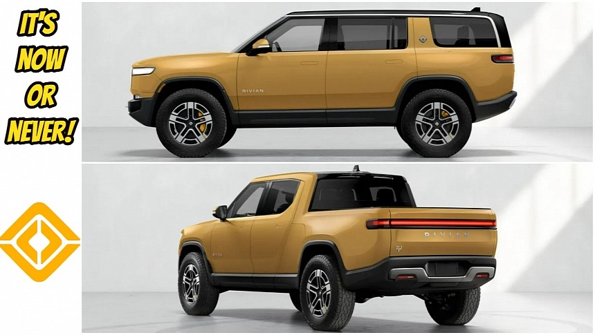 Compass Yellow Rivian R1T and Rivian R1S on 20-inch A/T Bright Wheels