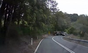 Log Truck Falls on Its Side and Kills One More Tree in the Process
