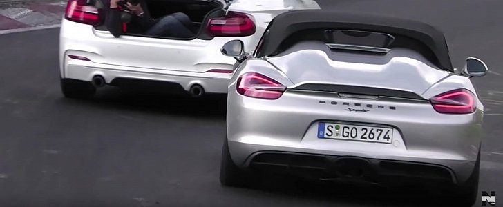 LOL: Porsche Boxster Spyder Facelift Photographed by Man in the Trunk of a BMW