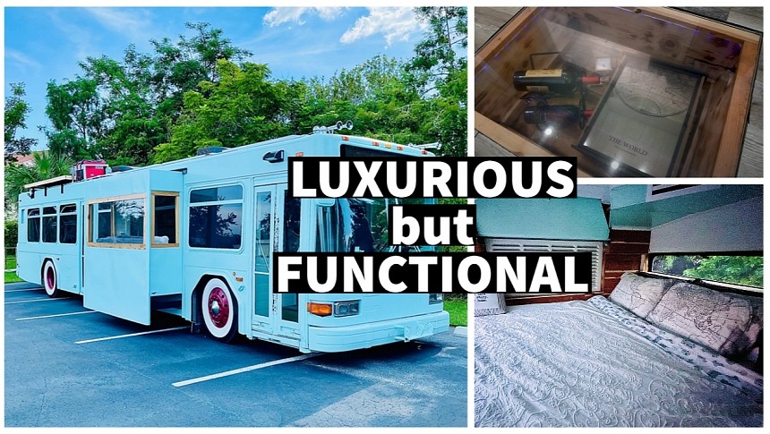 Lola started as a 2008 Gillig city bus, is now a luxury home on wheels for six people